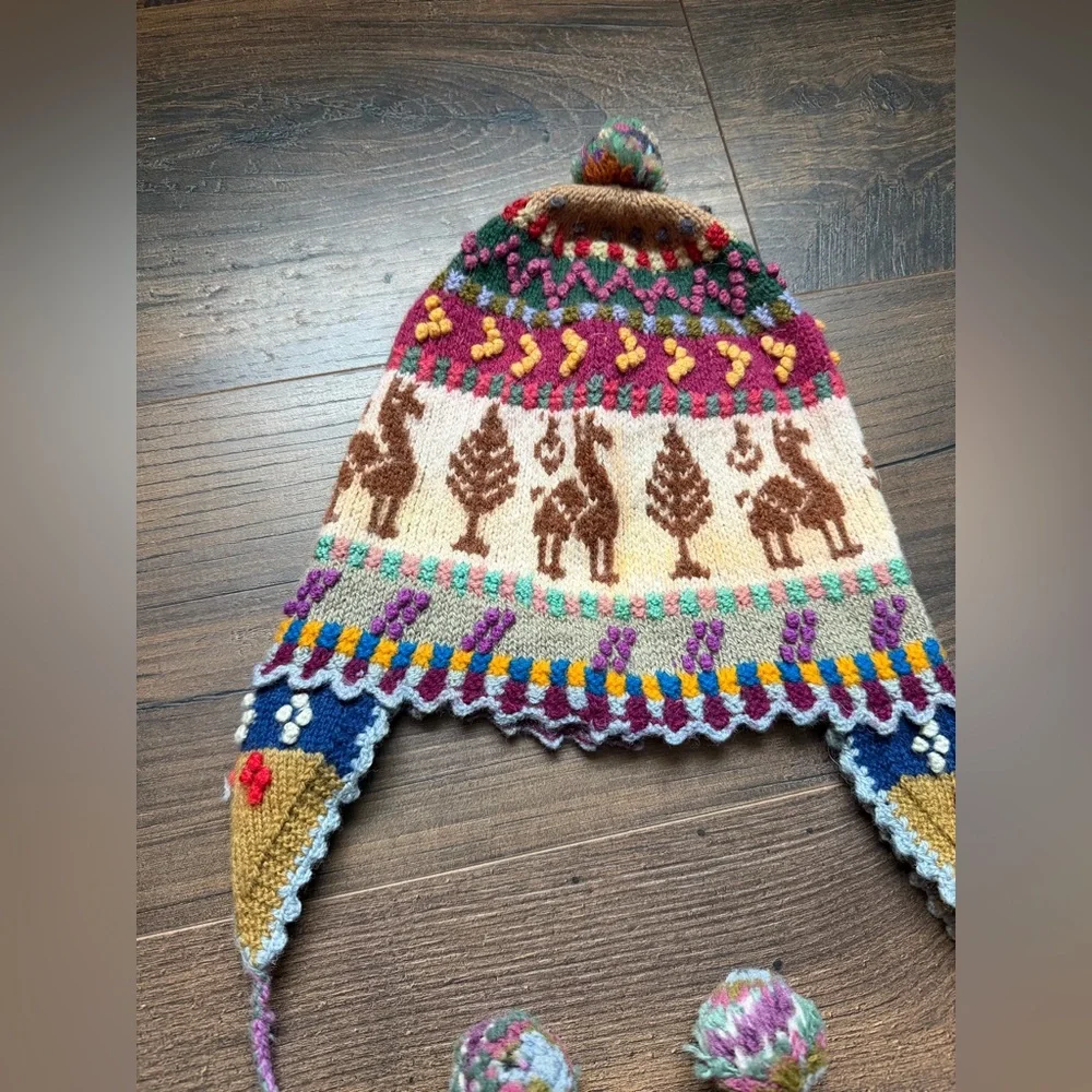 Hand-Knit Peruvian Wool Chullo Hat Llama & Andean Motif Ear Flap Beanie